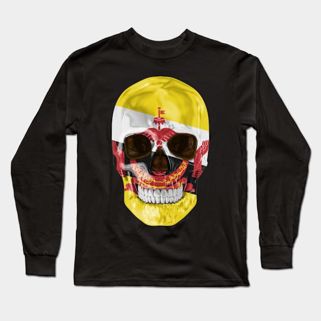 Brunei Flag Skull - Gift for Bruneian With Roots From Brunei Long Sleeve T-Shirt by Country Flags